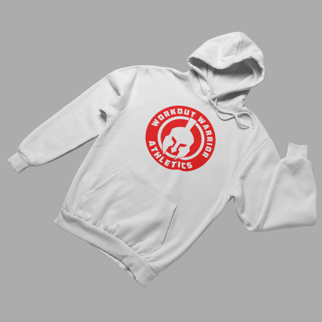 Workout Warrior Essential Hoodie – White with Red Logo